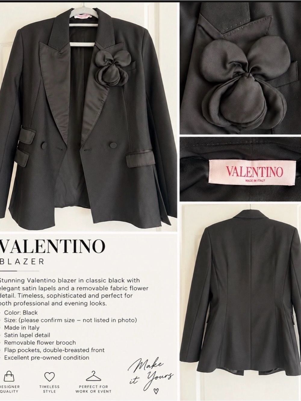 Valentino Black Satin-Lapel Double-Breasted Blazer with Flower Brooch